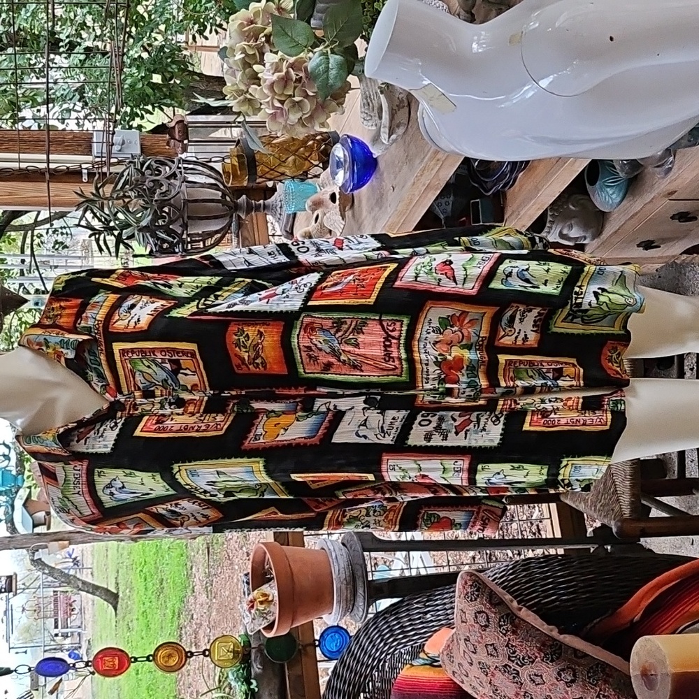 Vintage BOP Brand 100% rayon colorful postcards design long shirt dress size 2XL